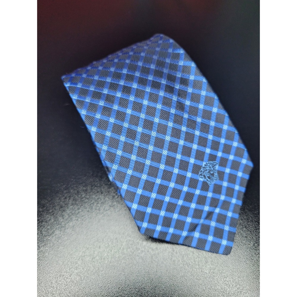 Gianni Versace Men's Necktie Blue Check Silk 3.75" x 58" Excellent